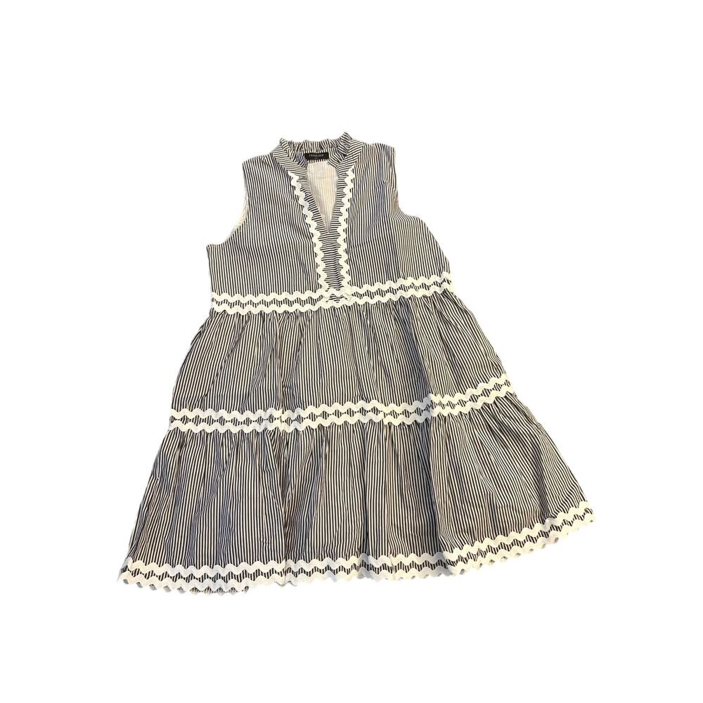 Kuraki Gray & White Striped Tiered Dress Large NWT Sleeveless Ric Rac Trim - Picture 4 of 4